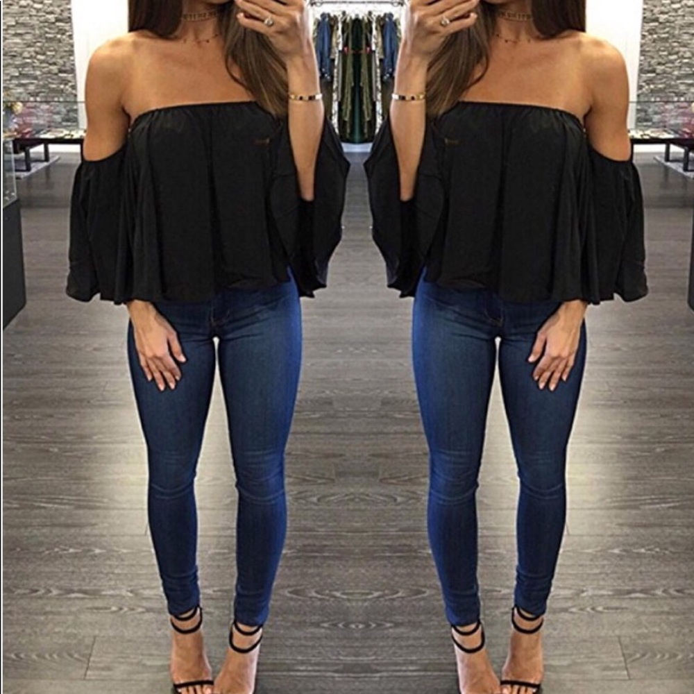 NWT Black Casual off shoulder ruffled chiffon top - Picture 3 of 5
